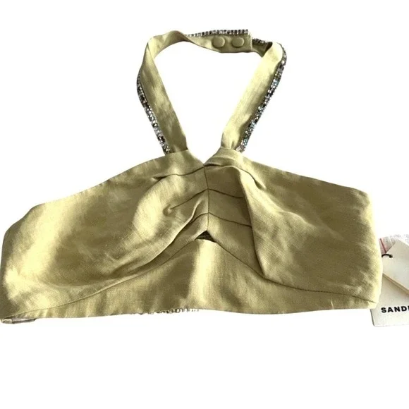 Sandro Avedis Rhinestone Halter Crop Top Tilleul Lime Green Size 2 NEW - Picture 4 of 8